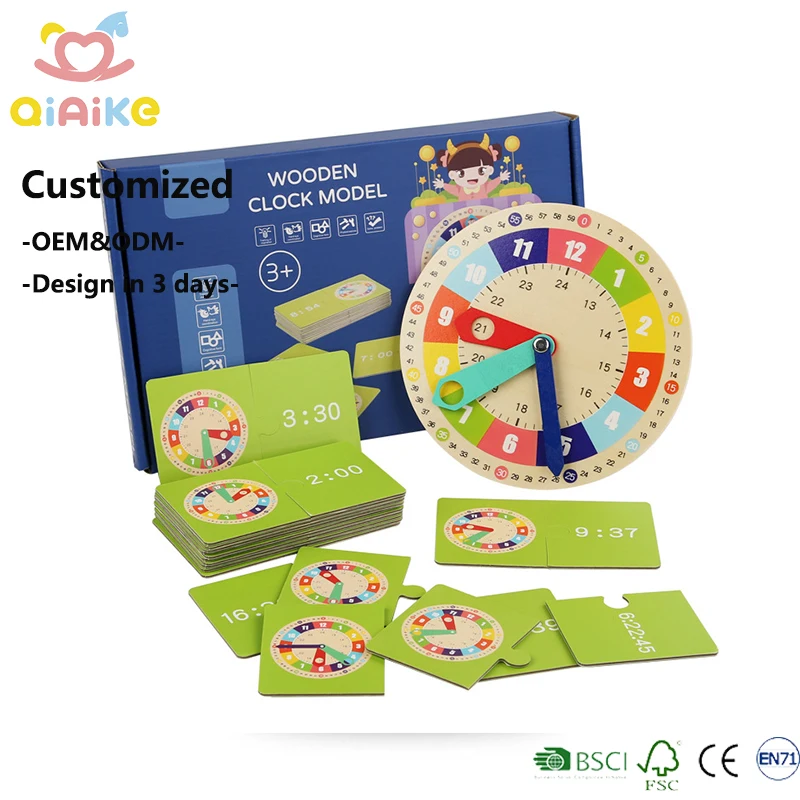 Wooden Math Clock Teaching Aid for Primary School Children (4-6 Years)-First Grade Learning Time Matching Play Educational Toys