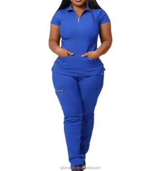 GloriouIn Female 2023 New Style Fashion Zipper pullover GloriousIn RTS scrub 2023 salon ot health care uniform male ceil blue