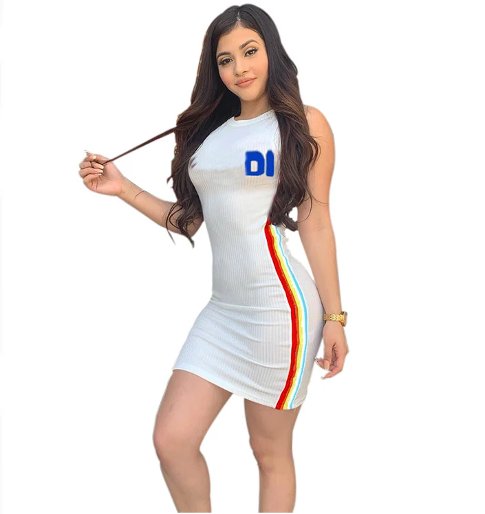 S2014 новинка Белые Симпатичные Короткие простые облегающие мини-платья с круглым вырезом и полосками по бокам для