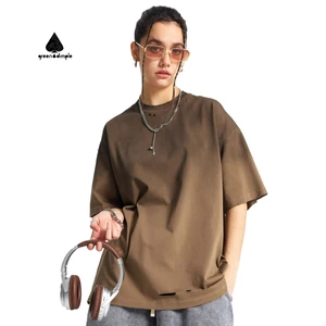 Customize Women's 250GSM 100% Cotton Oversized Formal 3D Summer Acid Wash Ripped Hole Distressed Spray Dyed T-Shirts