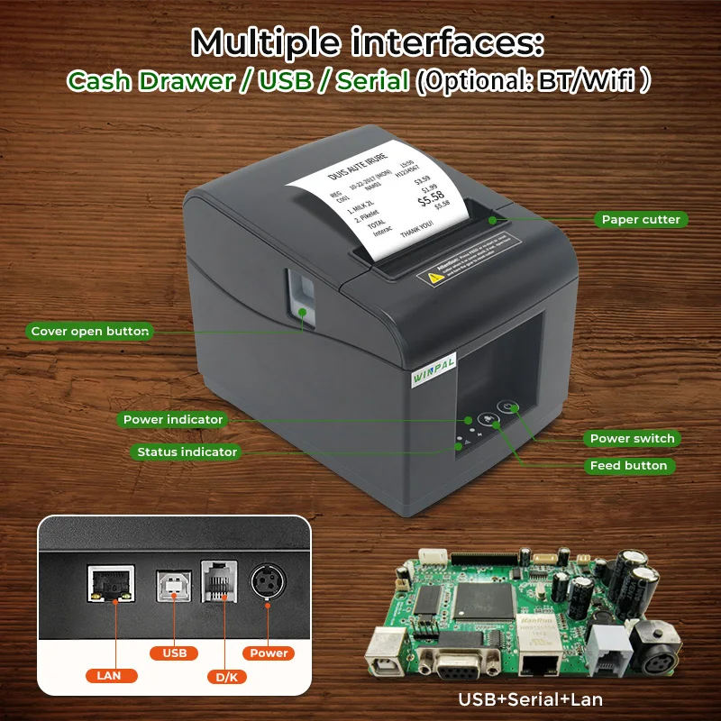 Winpal WP80T POS Thermal Printer 80mm Auto Cutter Thermal Printer WiFi BT Wireless Android IOS 3 Inch Thermal POS Printer