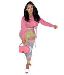 Yoyolemon, Новое поступление 2021, Однотонная рубашка с длинным рукавом и сетчатые брюки с принтом, комплект из двух предметов для женщин