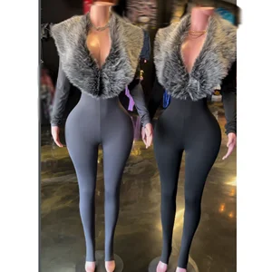 Viviblook Q25JP303 Autumn Winter Long Sleeved Fur Collar Footstep Cover Finger Tight Casual Bodycon Jumpsuits for Women