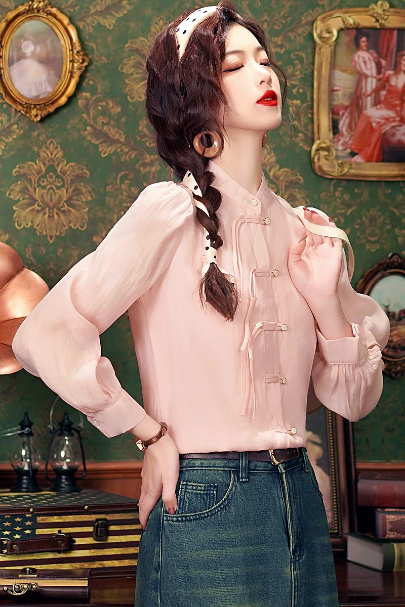 Shop Our New Chinese Style Shirt Women's Pink Pan Button Design
