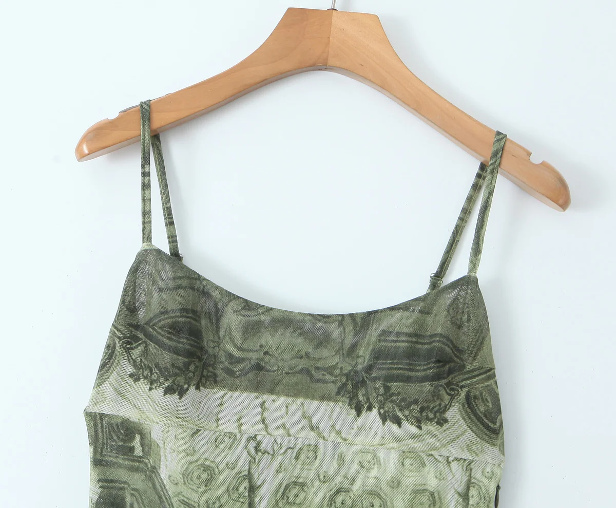Green Color Print Spaghetti Strap Hot Sale Casual Fashion Long slip Dress for Women