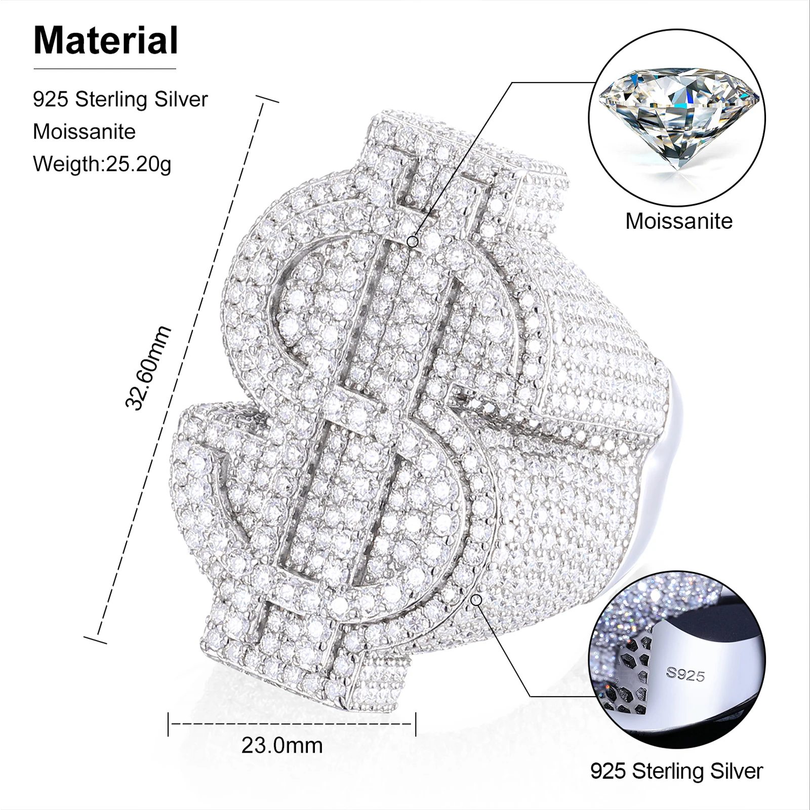 Pass Diamond Tester Full Moissanite Dollar Ring Hip Hop Jewelry 925