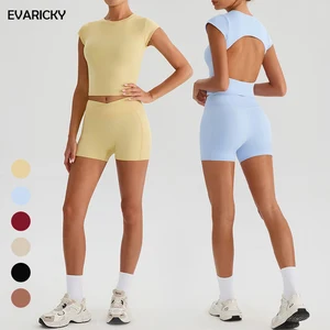 Evaricky Hot Selling High Quality Fashion Gym Wear Hollow-out Backless Gym Shirt Elastic V Waist Yoga Shorts Fitness Workout Set