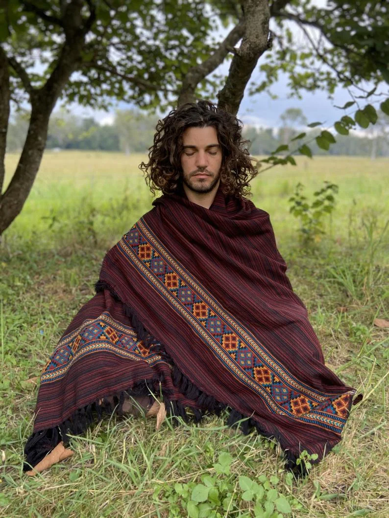 Yoga Wrap,Ethnic Blanket,Cashmere Yak Wool Meditation Prayer Shawl Tibetan Fabric,Winter,Tribal Celtic Embroidery,Himalayan Woolen