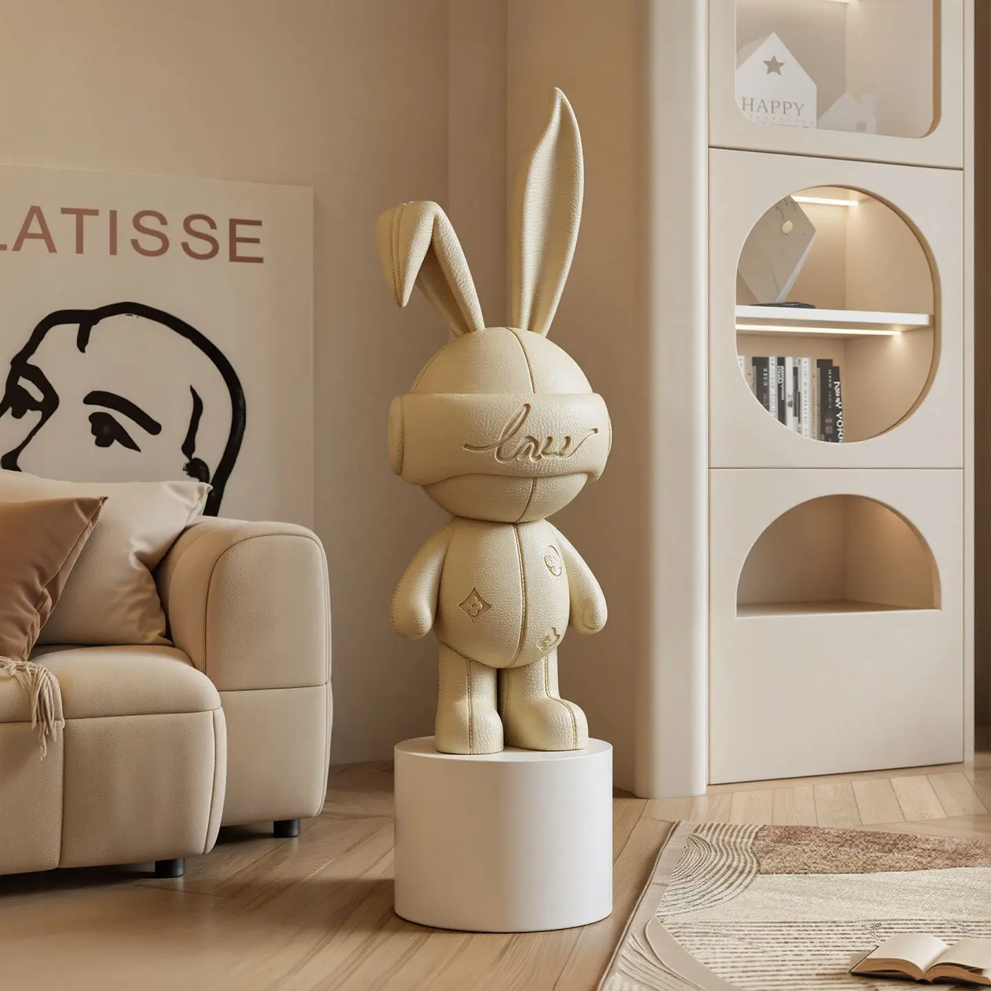Large Beige Bunny Sculpture with Embossed Details Modern Abstract Floor Statue Home Decor Living Room Entryway Statement Piece