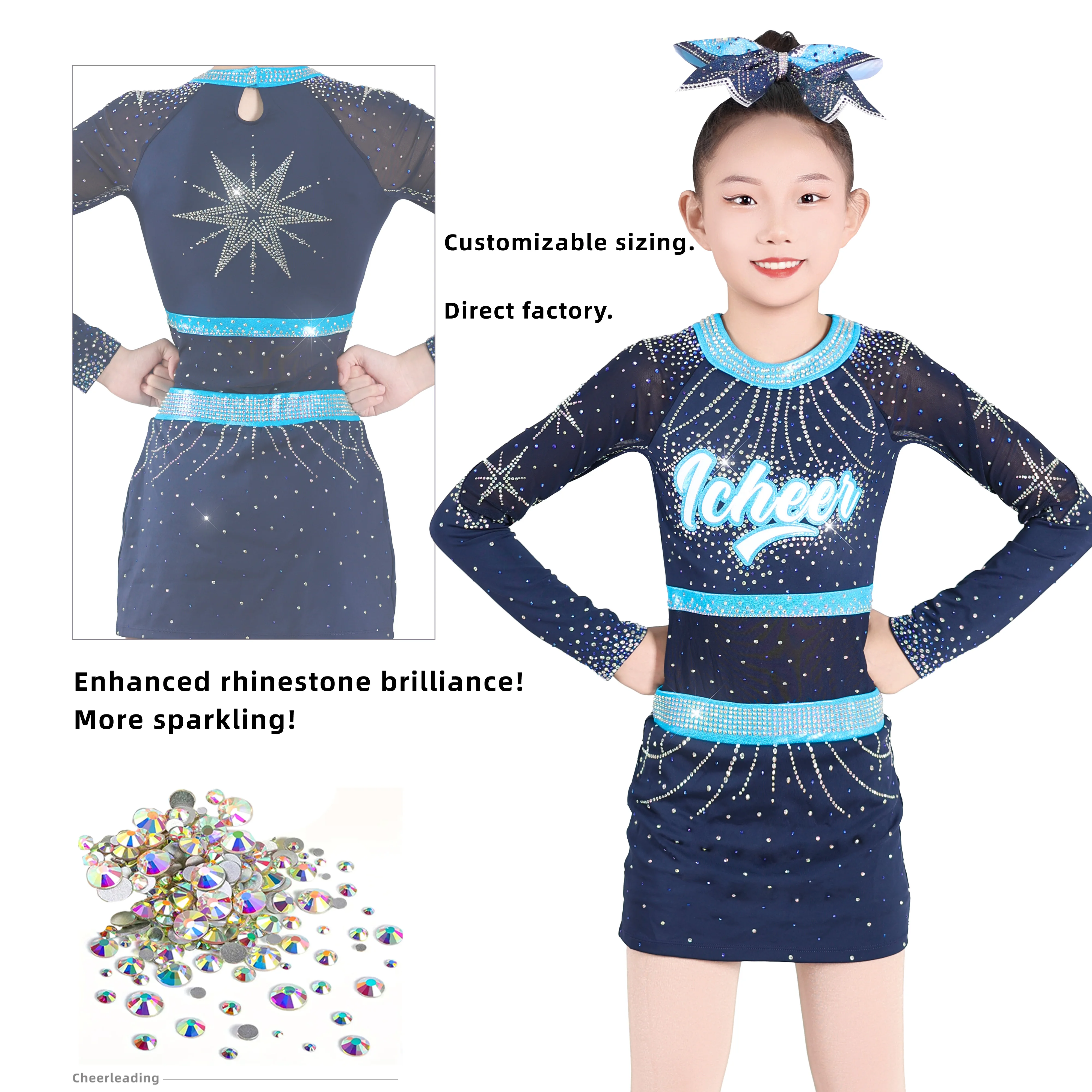 Kids Girls Cheerleading Uniform Cheerleader Modern Ballet Dance Costume Glittery Rhinestones Metallic Long Sleeve Pleated Dress