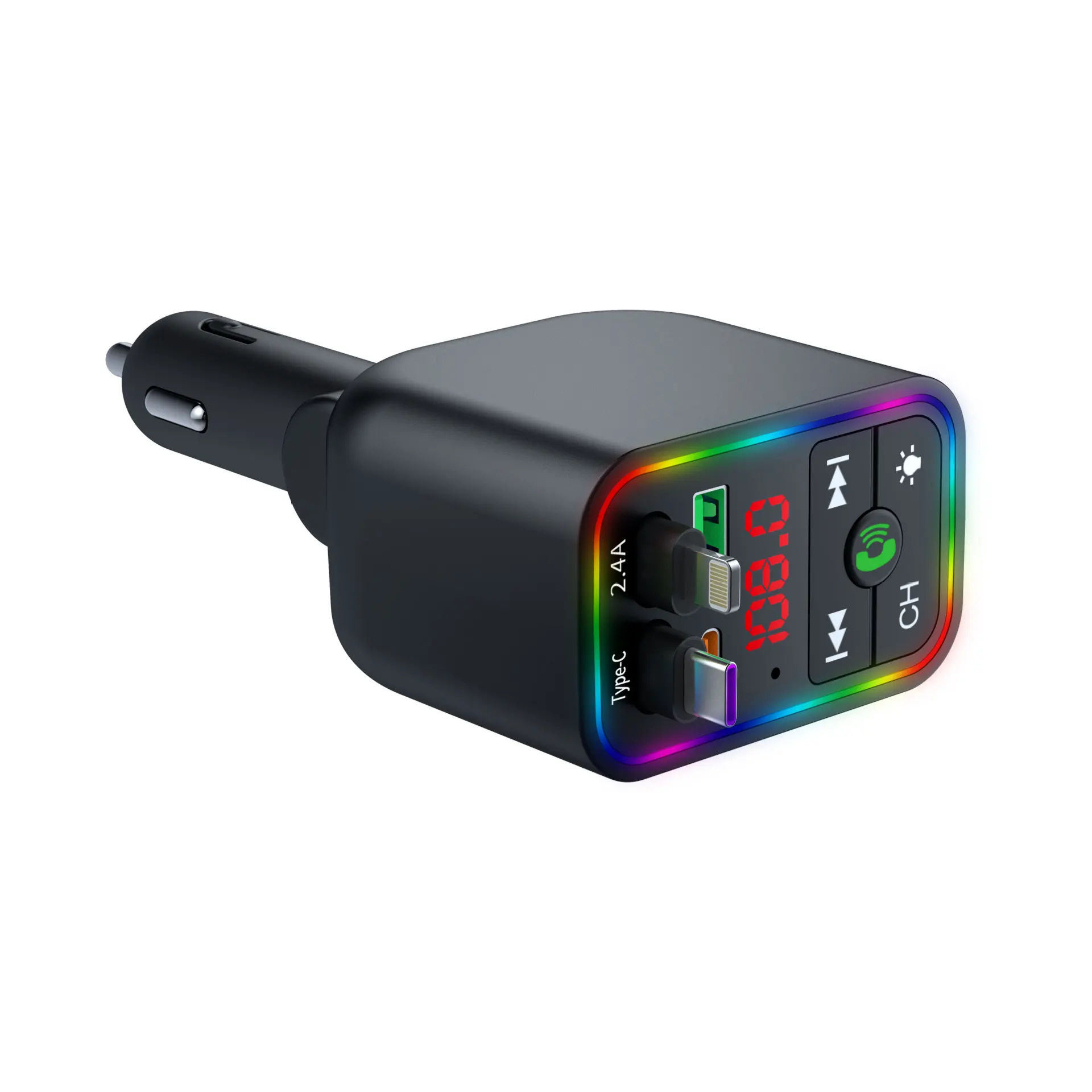 Colorful 12-24V Car Charger with PD Fast Charge Retractable Cable FM ...