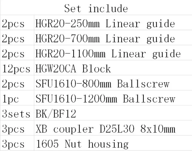 X Y Z Axis Cnc Kit HGR20 HGW20CC HGH20CA Sfu 1605 SFU1610 200mm 1000mm 1100mm 1500mm Set Ballscrew square Linear Rail for Stage