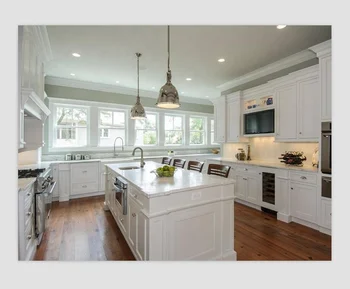 American Style Modern Solid Wood Custom Made White Painting Kitchen Furniture with Island and Bench Top