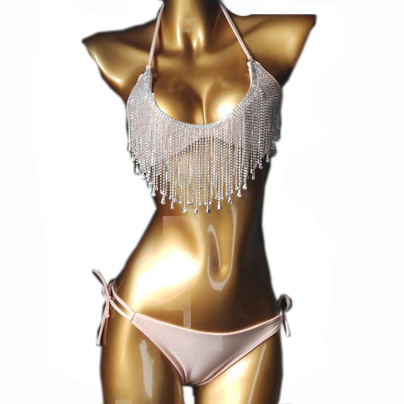 Luxury Swimwear Crystal Diamond Bikini Set Sexy Push up Tassel Rhinestone  Shiny Bathing Suit for Party Rave Clubwear