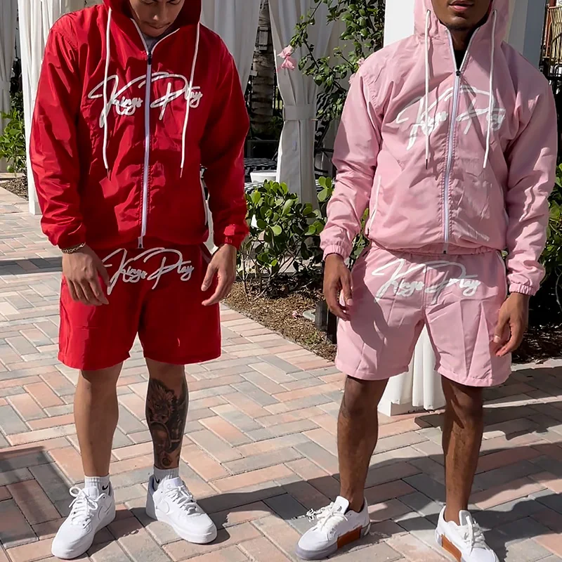 OEM Custom Reflective Track Suit Two Piece Short Sweatsuit Nylon Zipper Windbreaker Jacket Short Set Tracksuit for Men gallery 2