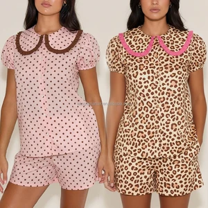 Cute Lightweight Polka Dot Pajama Set Ruffle Collar Short Sleeve Shirt Shorts Sleepwear Women