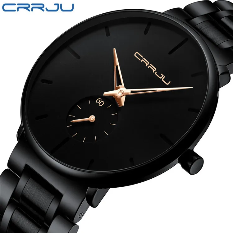 CRRJU-reloj de cuarzo negro para hombre, cronógrafo con correa de acero  inoxidable, resistente al agua, informal, para actividades al aire libre,  2150