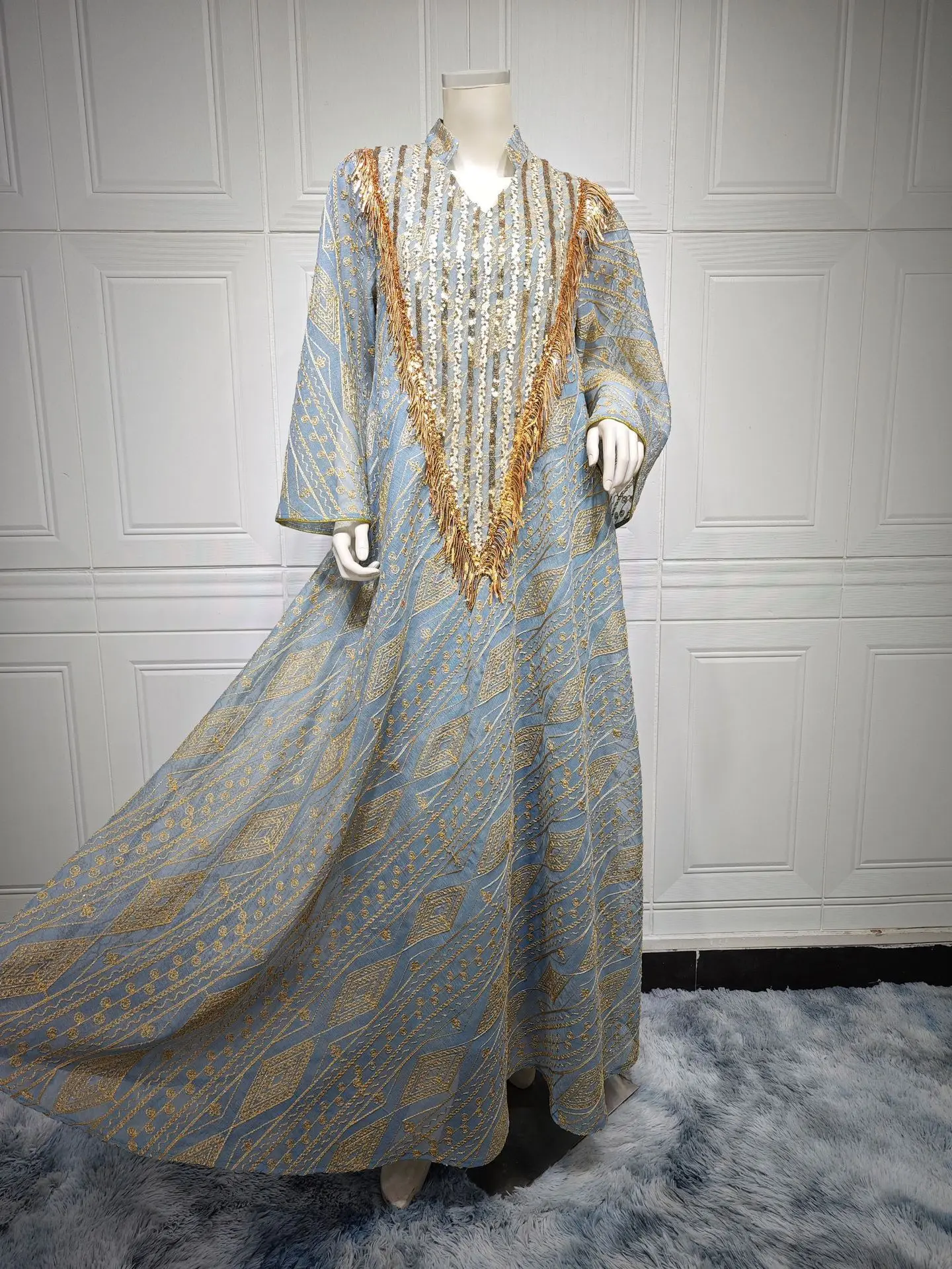 Embroidered Mesh Maxi Dress Elegant Muslim Abaya