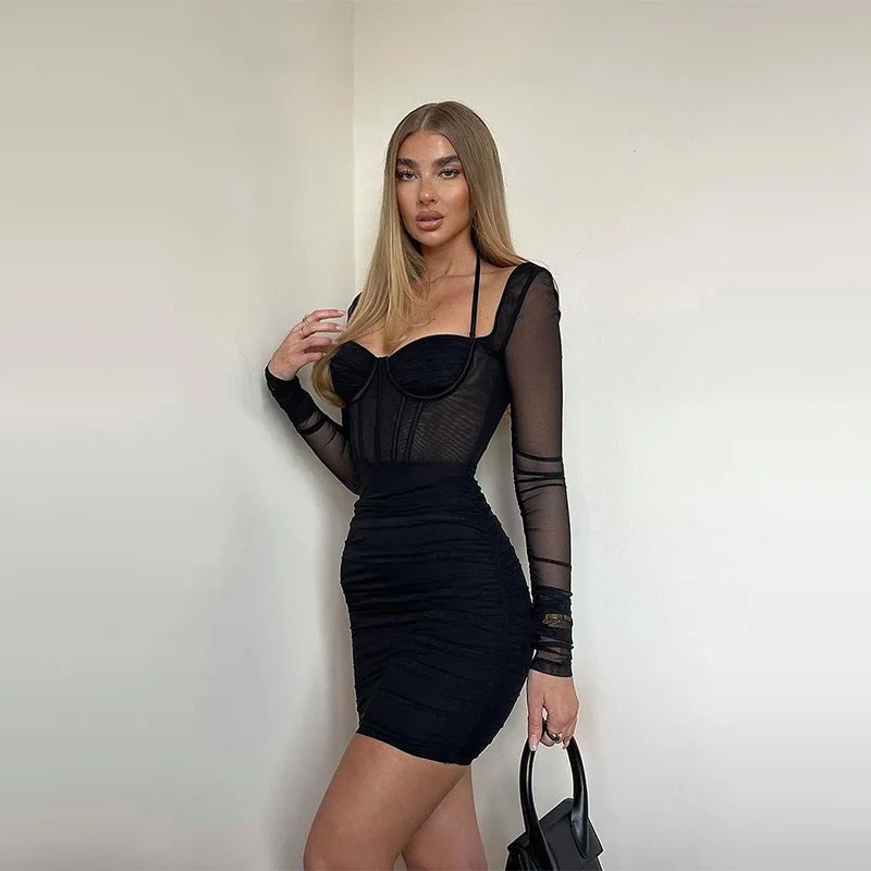 ZOYIAME New Sexy Dresses Women Night Club Mesh Fishbone Ruched Fall Clothing Long Sleeves Halter Neck Short Bandage Dress 2022