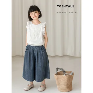 YOEHYAUL CD1692 73% Cotton 27% Linen Sleeveless Big Girls Tshirts Wholesale White Embroidered Teens T-shirts t Shirt for Kids