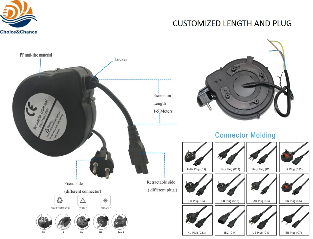 Without Locking 3 Meters Spring Loaded Retractable Power Extension Cable  Reel for Scooter Charger