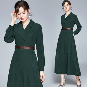2023 Autumn and Winter  Blazer Collar  Corduroy  V Neck Belt Waist Big Swing Dark Green Long Dress for Woman