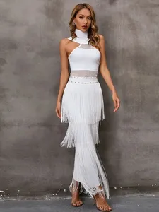 Bettergirl 2026 Spring Fashion Tassels Halter White Long Dress Sexy Bandage Evening Dress
