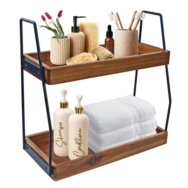 2-tier Trapezoidal Shape Wood Counter Standing Rack Storage Shelf For ...