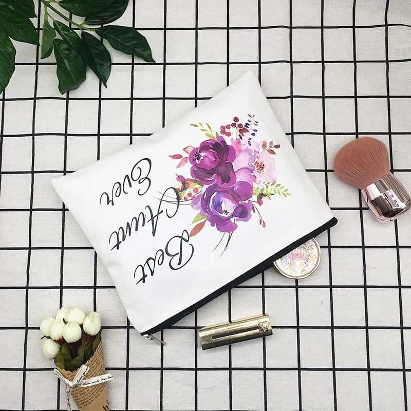 Custom Printed Logo Gift White Cotton Canvas Cosmetic Makeup Bag With Zipper