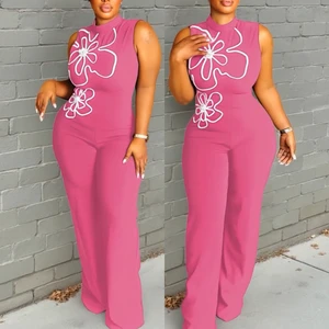 830 Latest Design Fashion Summer Women Clothing Boutique Sleeveless O-neck 3d Floral Style One Piece Ladies Wide Leg Jumpsuit