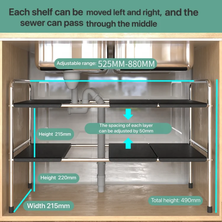 Adjustable 2 Tier Removable and Expendable Shelf  Easy to Install Indoor Stainless Steel Under Sink Rack