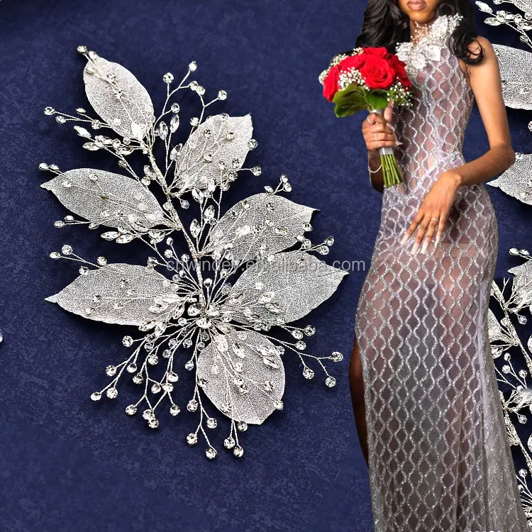 Sparkling Rhinestone Prom Gown Metal Wire Work Autumn Leaf Crystal Bead  Patch 3D Leaves Appliques for Dresses