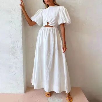 summer new style solid color large swing dress round neck puff sleeves simple design casual dresses for women