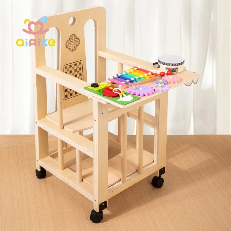Multifunktions-Wachstumsstuhl für Kinder Montessori-Frühförderung Interaktives Holzspielzeug mit Klopf-Xylophon, Zahnrädern, Knöpfen und Trommel