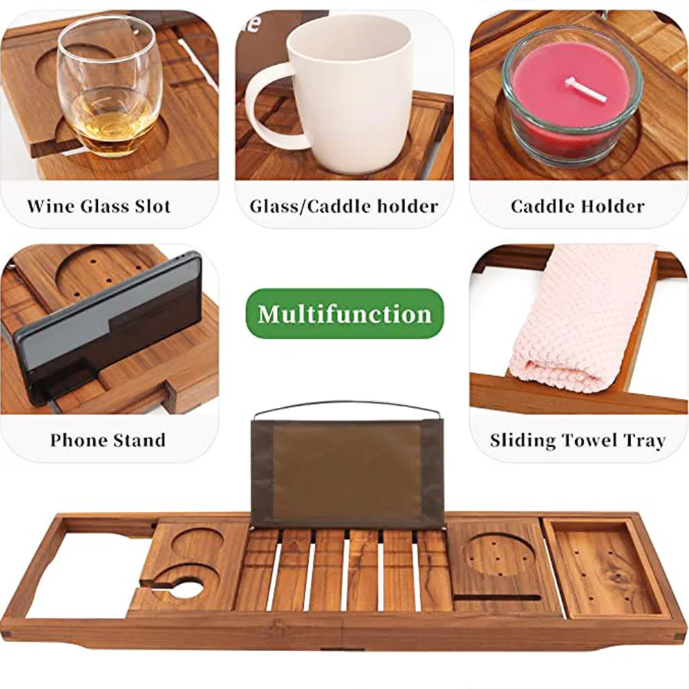 Modern Style Multi-Function Bath Tub Tray Advanced Teak Wooden Expandable Bathtub Tray Bathroom Sets