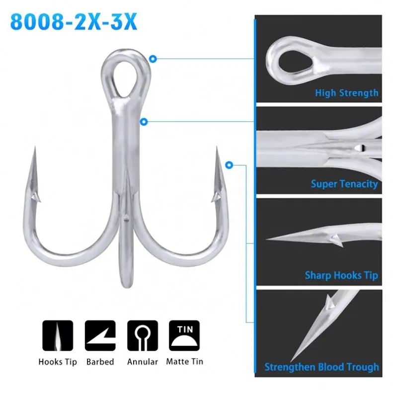 Treble Fishing Hooks 4X 8008 - High Strength & Anti-corrosion