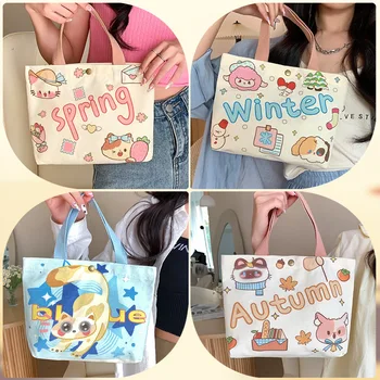 2024 Cute Cartoon Printed canvas shopper bag guangzhou wholesale outdoor canvas tote gift bags with webbing strap for girls