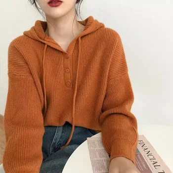 Spring and Autumn New Hooded Sweater Women's Pullover Loose Lazy Top Thickened Knitted Sweater