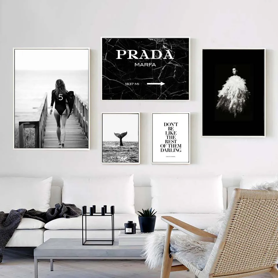 SSHABC Fashion Marble Prada Quotes Poster Black White Vogue Feather Woman  Wall Art Canvas Painting Pictures For Living Room Decor/40x60cmx3Pcs/No