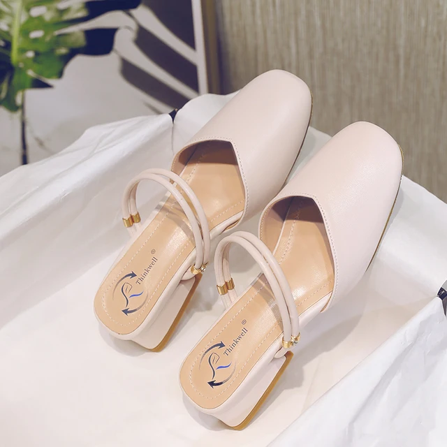 2023 summer two ways wearing strap adjustable buckle milky-white beige comfortable fashion heeled sandals for women and ladies