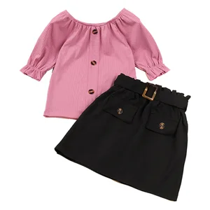 Children Wear 2021 New Girls Summer Dress Korean Edition Middle Sleeve Blouse Belt Skirt Two Pieces Sets Kids Clothing Suit
