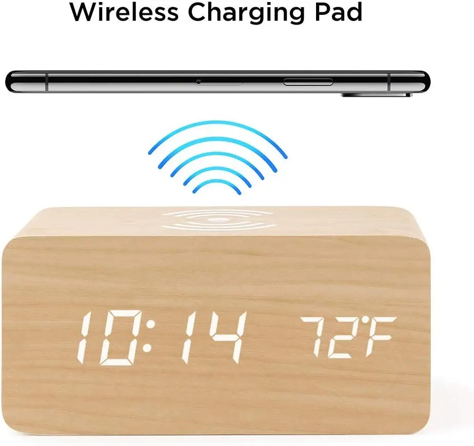 15w Wooden Qi Fast Wireless Charger Digital Clock Wood Qi Wireless
