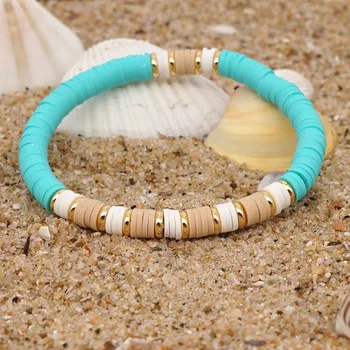 Braccialetti da surfista impilabili con perline Heishi arcobaleno