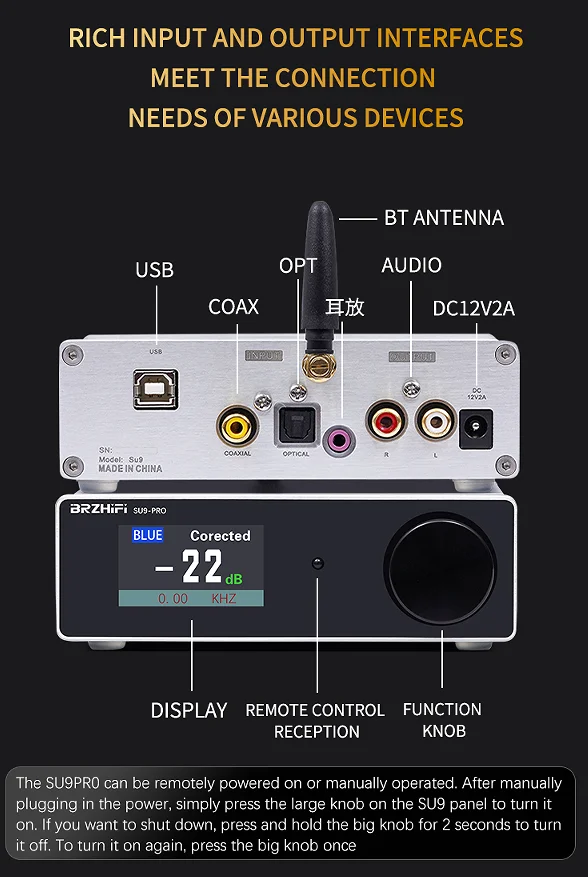 BRZHIFI SU9PRO Dual Core ES9038 BT 5.4 USB Decoder HIFI DAC Audio Home Theater Amplifier with Antenna for Home Use details