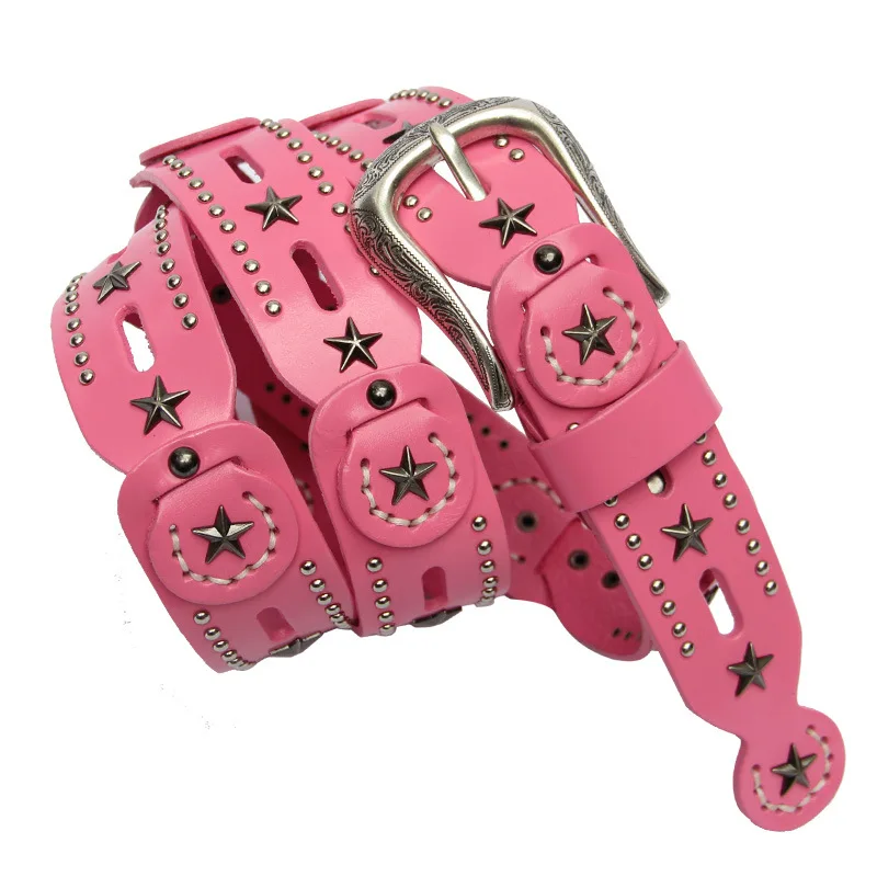 Hollow Out Design Star Studs Genuine Leather Engraved Pin Buckle Women Belt Western Cowboy Cowgirl Belt