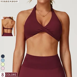 YISHENHON Women's Sexy Crossed Active Workout Sports Bra Halter Yoga Top Seamless Fitness Sportswear Set Style
