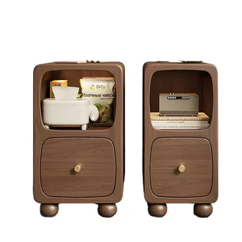 Modern European Wood Nightstand with Wireless Charging Open Bedside Table Narrow Chest Cabinet Storage for Bedroom or Apartment