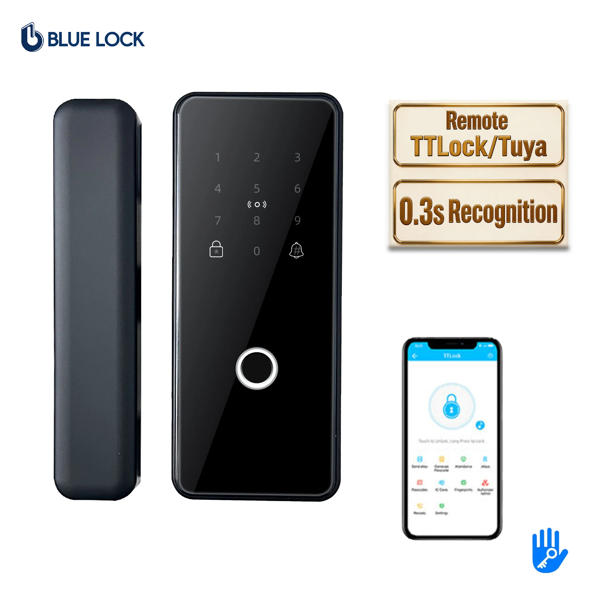 BlueLock TTlock Frameless Glass Smart Door Lock Fingerprint IC Card Recognition BLE Wifi for Grade C Security Aluminum Alloy