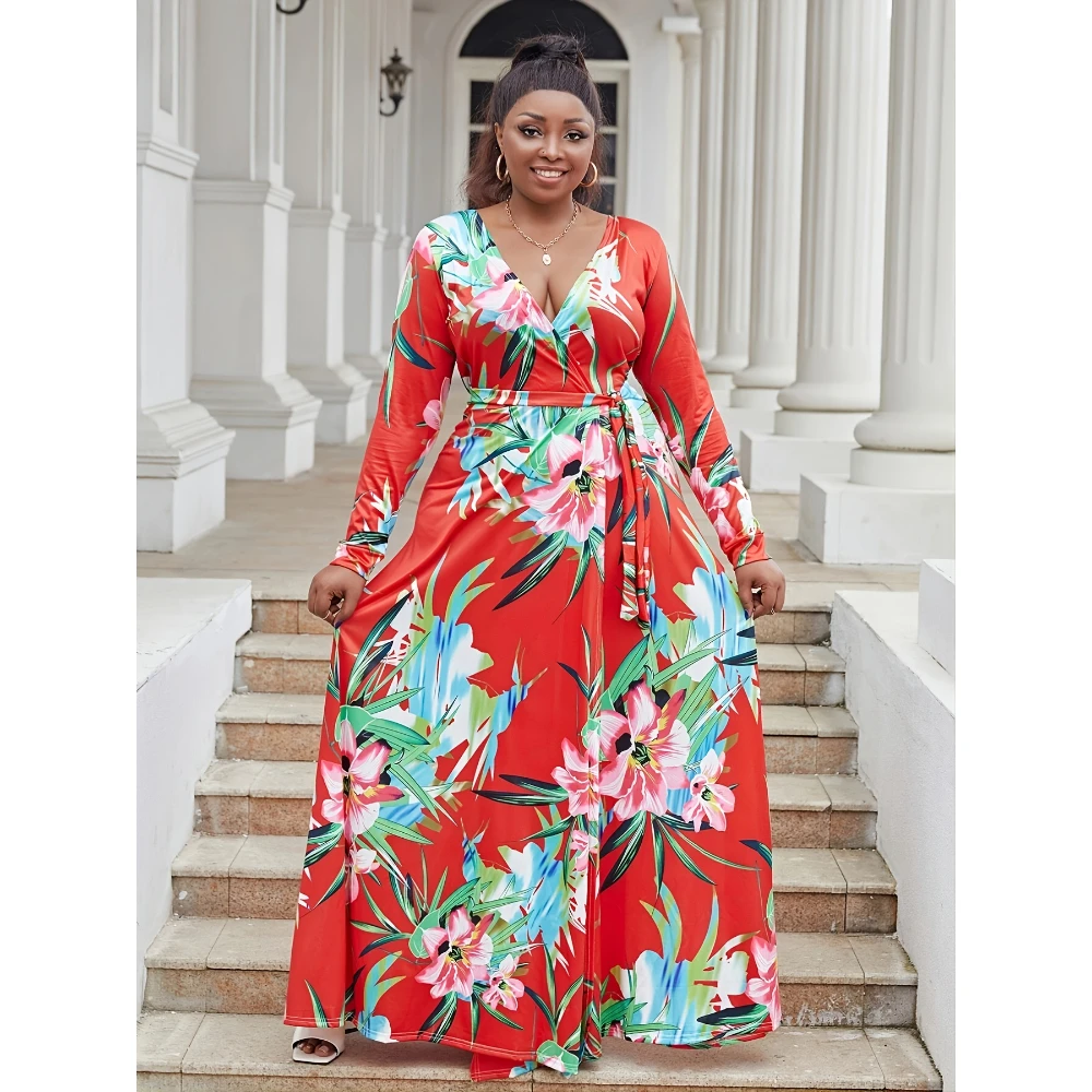 VIP【送料関税込】OBIDI FLOWER PRINT SILK DRESS Elegant Plus Size Maxi Dress with Deep V Neck & Floral Print