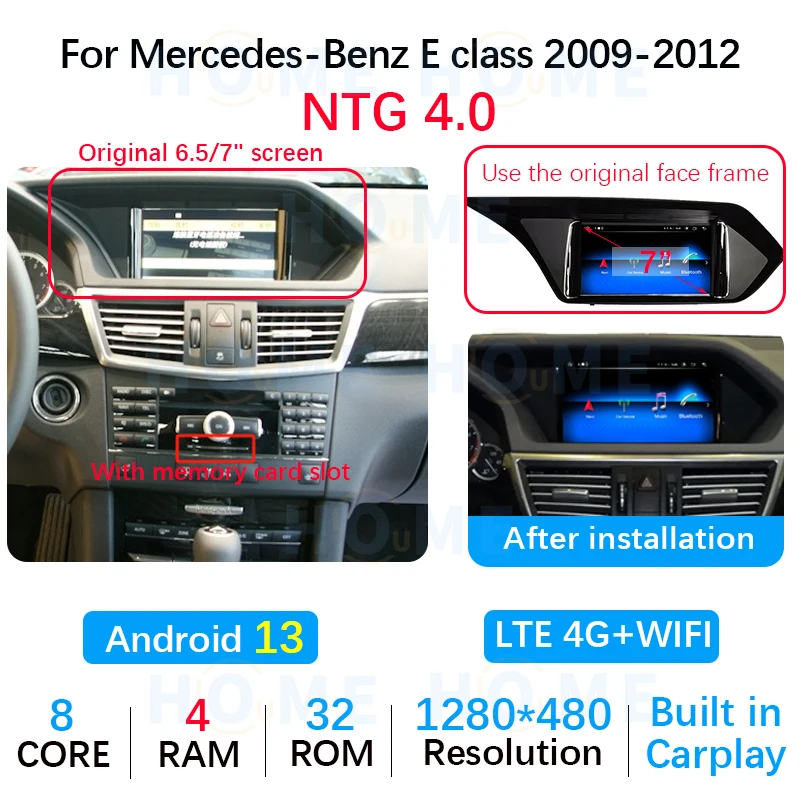 OEM 7" Wireless Carplay Android 13 MTK 8259 GPS Navigation Touch Screen Multimedia Player for Mercedes Benz E Class 2010-2015